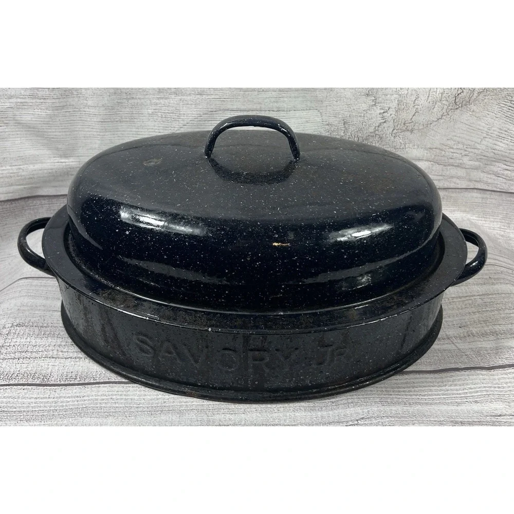Vintage Savory Jr Oval Blue Enamel Double-Walled Roaster 12 1/2